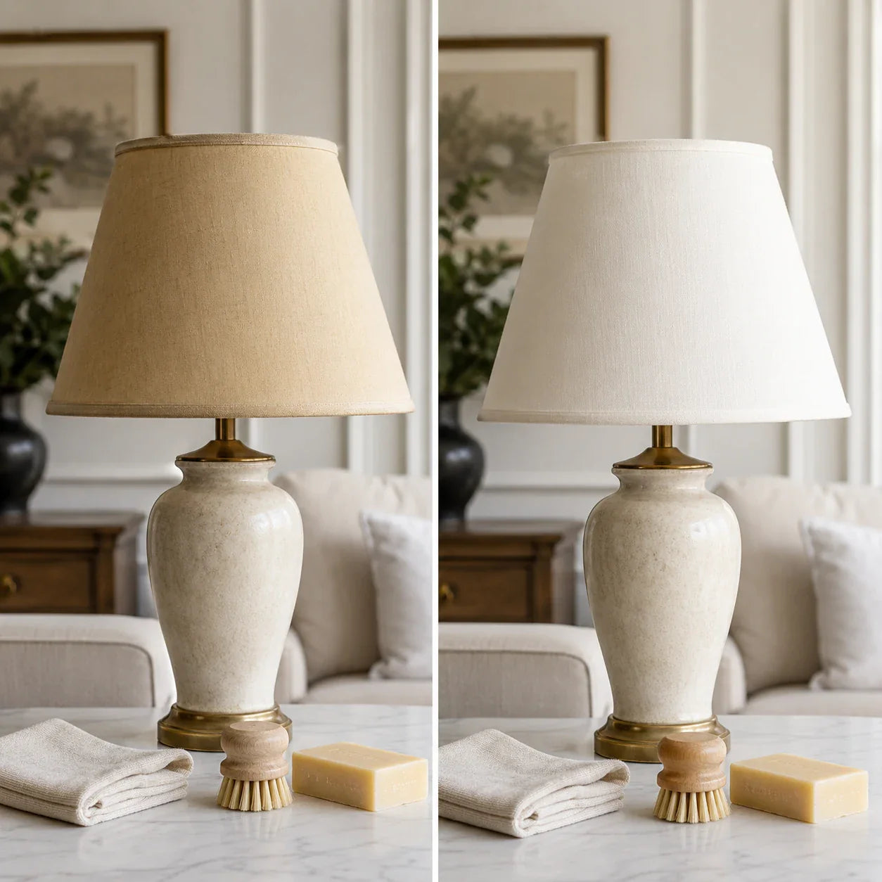 Lampe avec abat-jour jauni avant après nettoyage, chiffon doux, savon naturel et brosse dans un intérieur élégant Image
