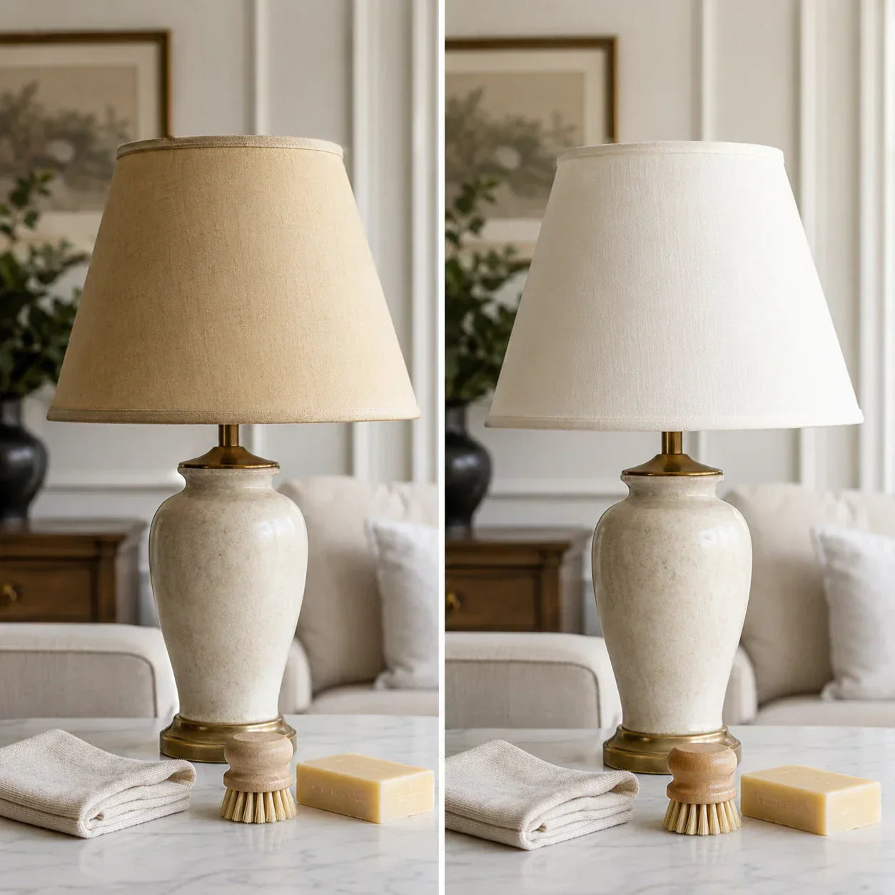 Lampe avec abat-jour jauni avant après nettoyage, chiffon doux, savon naturel et brosse dans un intérieur élégant Image
