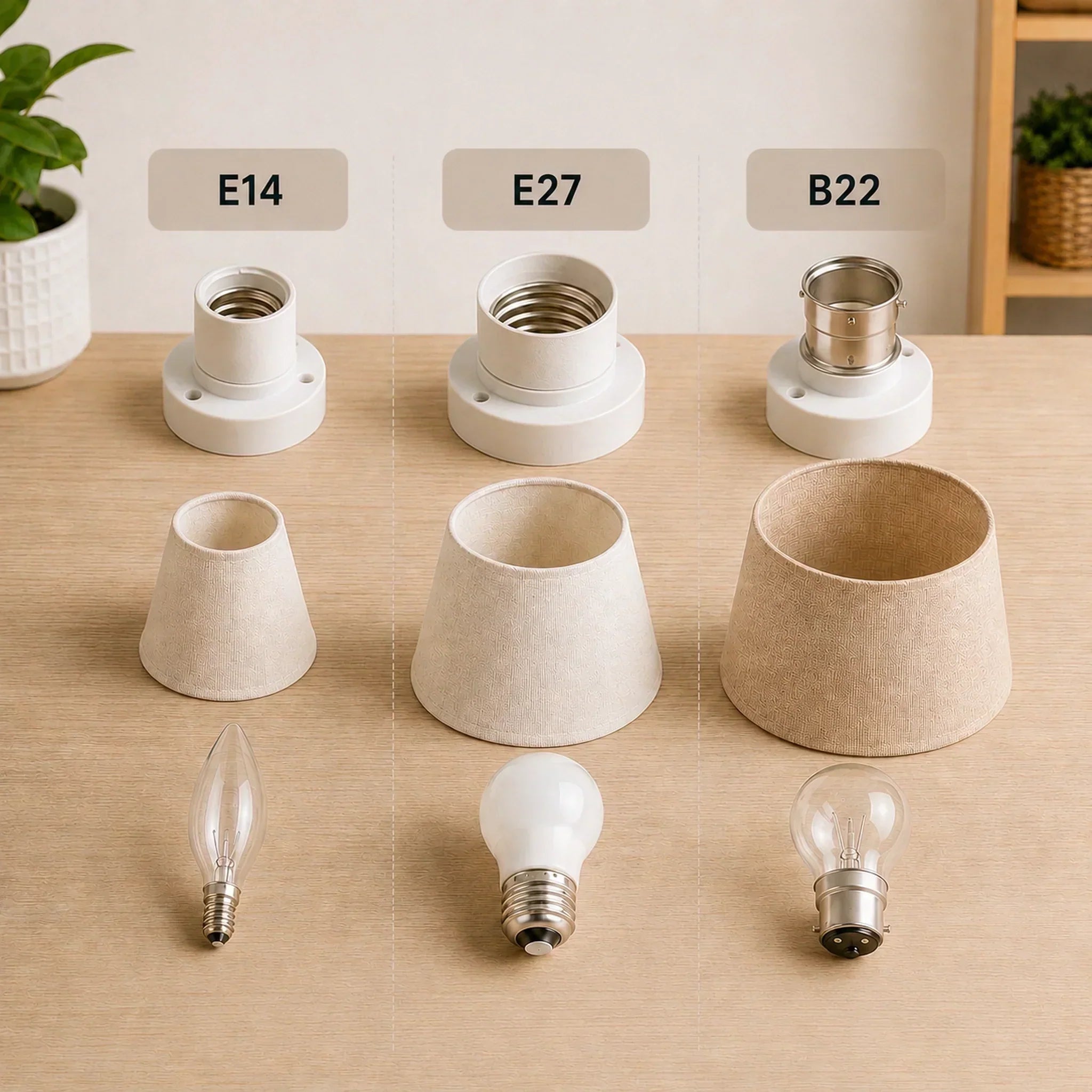 Photo comparative des douilles de lampe E14, E27 et B22 avec abat-jours compatibles et ampoules sur table en bois clair. Image