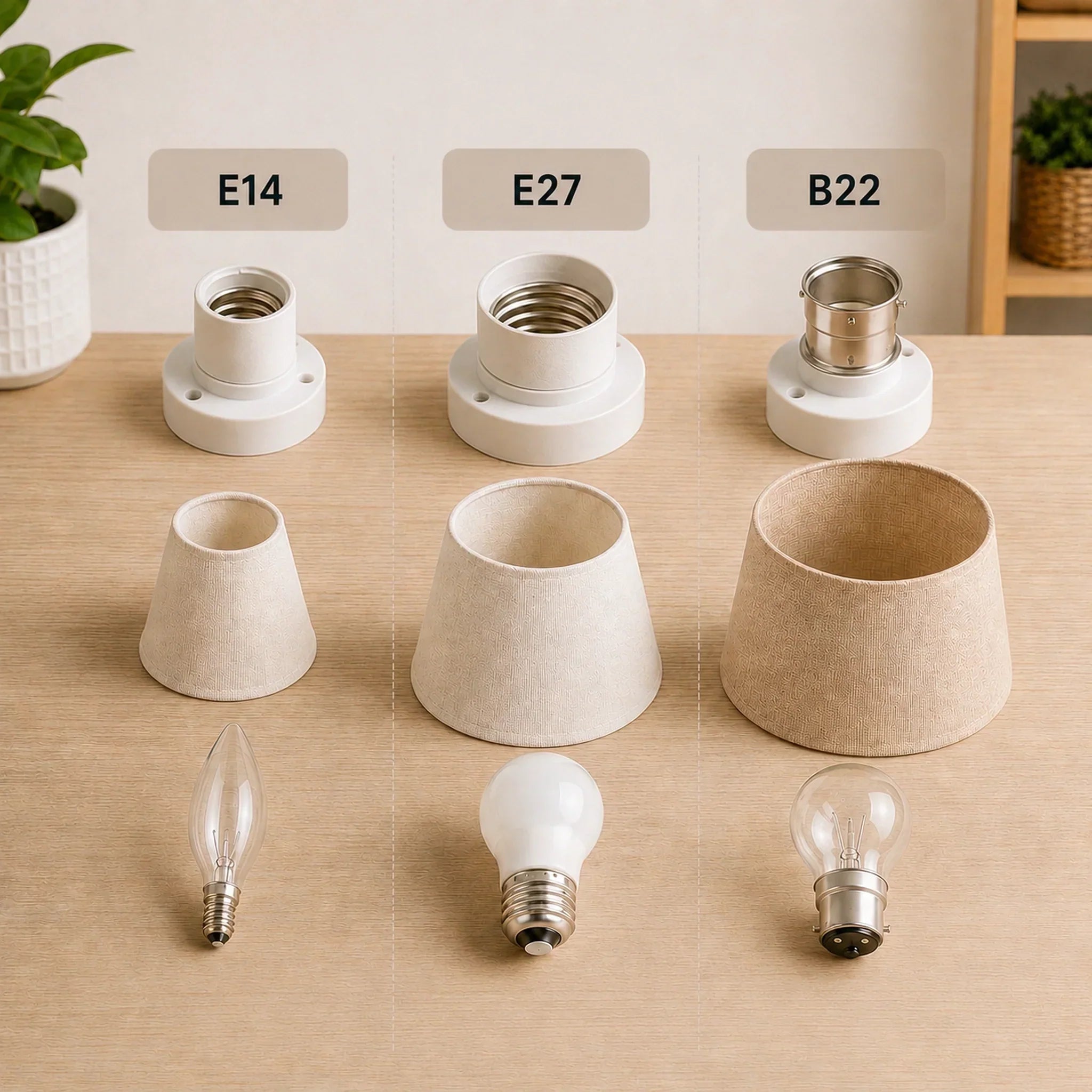Photo comparative des douilles de lampe E14, E27 et B22 avec abat-jours compatibles et ampoules sur table en bois clair. Image