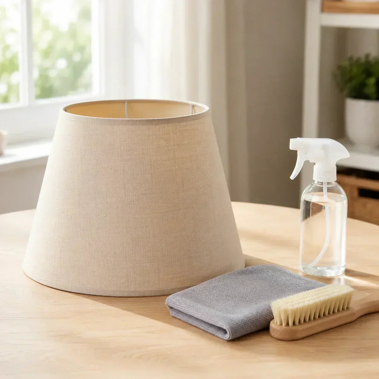 Abat-jour en tissu beige avec chiffon microfibre, brosse douce et vaporisateur pour guide de nettoyage maison Image