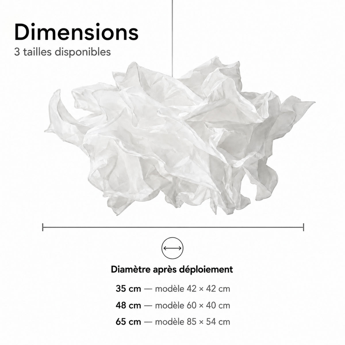 Abat-jour en papier disponible en trois tailles avec diamètres déployés de 35, 48 et 65 cm