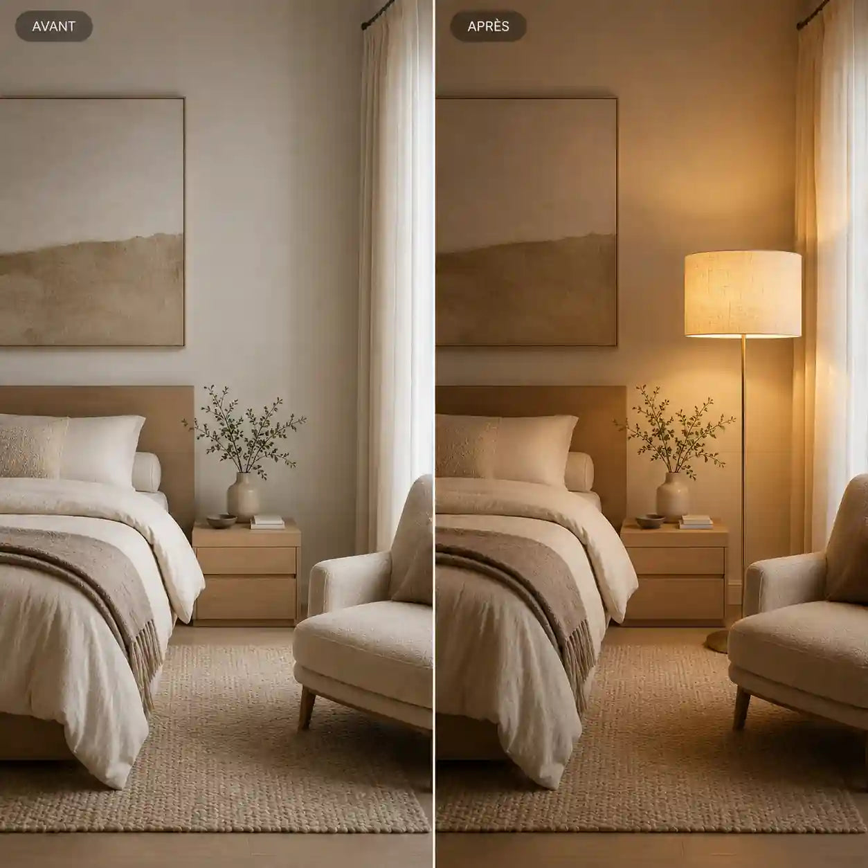 Comparatif avant après d’une chambre beige cosy avec lampadaire en laiton et abat-jour cylindrique en lin écru diffusant une lumière chaude. Image