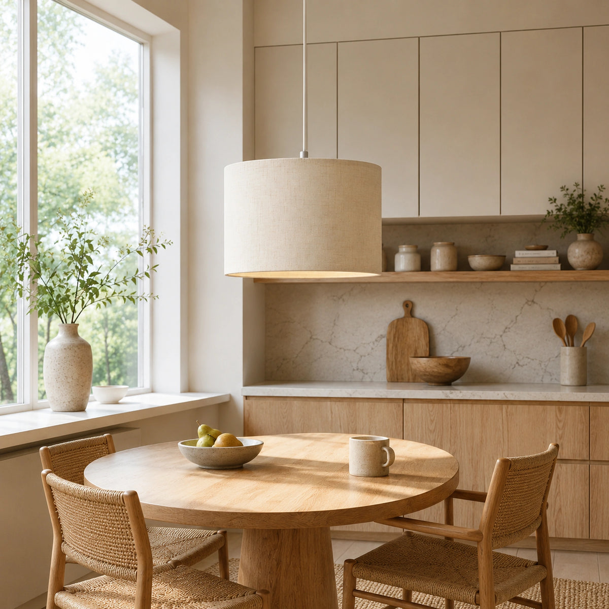 Abat-jour en lin naturel cylindrique pour suspension dans une cuisine scandinave lumineuse au-dessus d'une table ronde en bois
