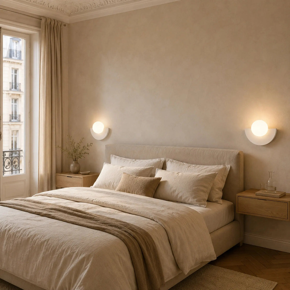 Deux abat-jour muraux blancs en demi-lune avec boule en verre dépoli de part et d'autre d'un lit, ambiance chambre parisienne chaleureuse