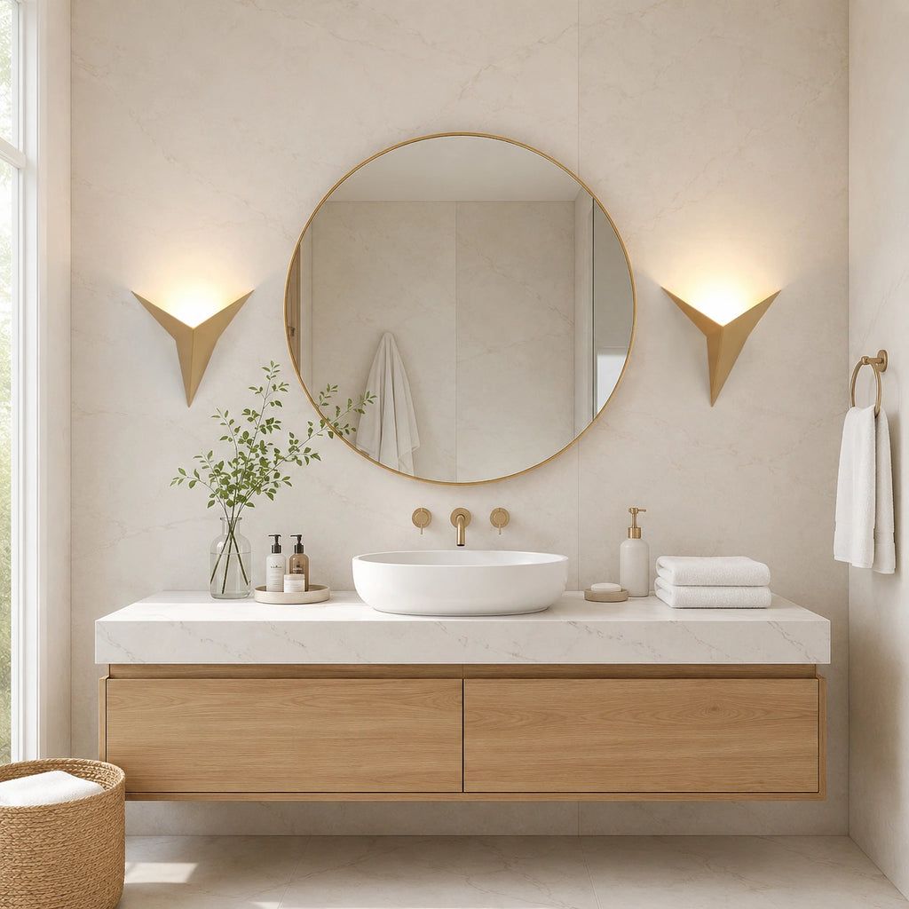 Deux abat jour 
murales géométriques forme aile dorée encadrant un miroir rond dans une salle de bain épurée aux accents laiton