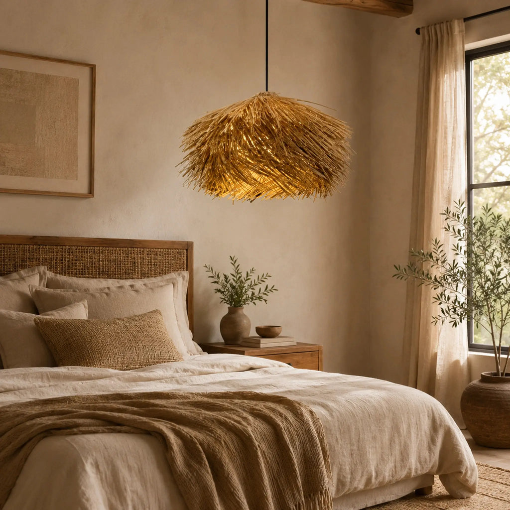 Abat-jour en rotin naturel suspendu dans une chambre bohème lumineuse avec tête de lit en rotin et linge naturel