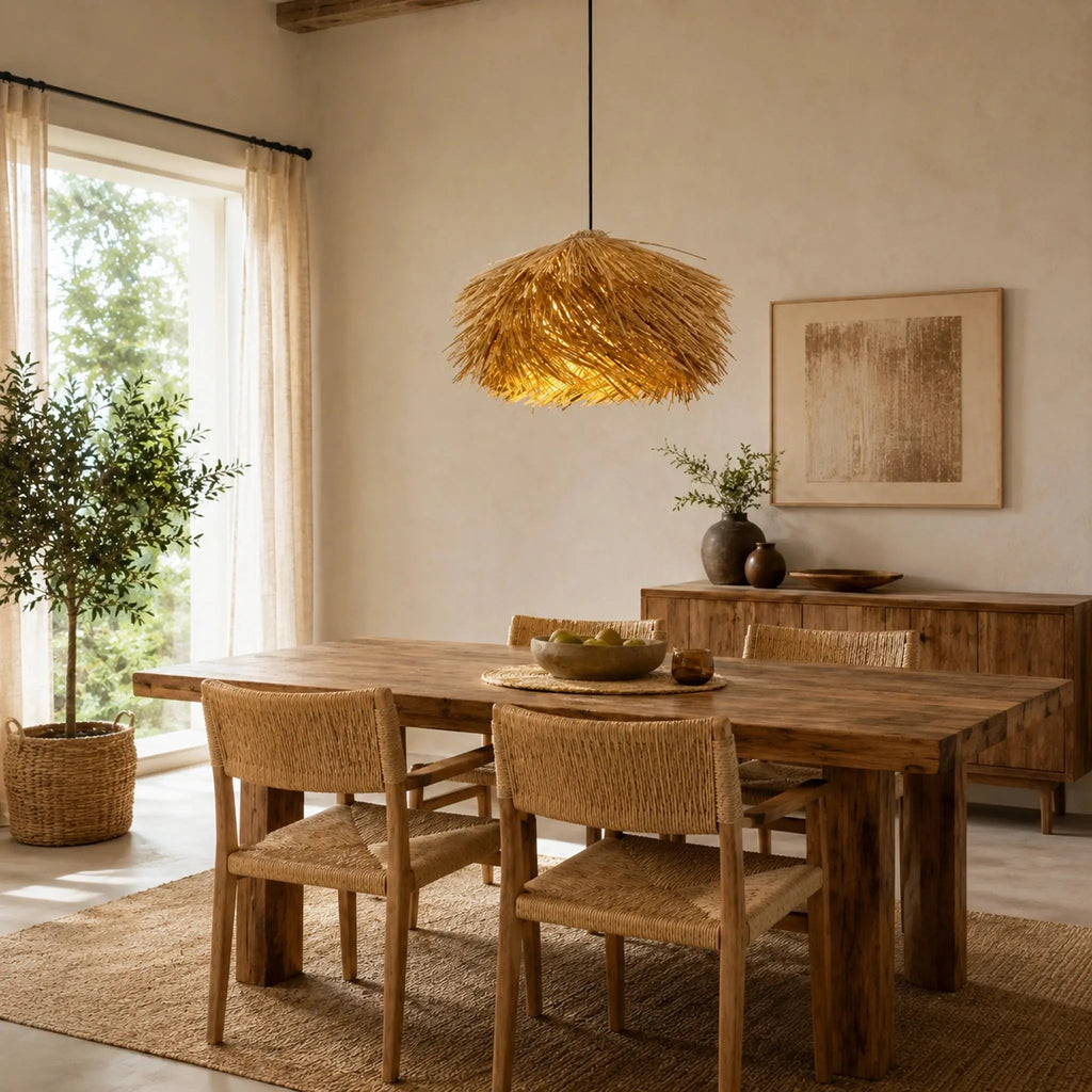 Abat-jour en rotin naturel style paille suspendu au-dessus d'une grande table en bois dans une salle à manger lumineuse