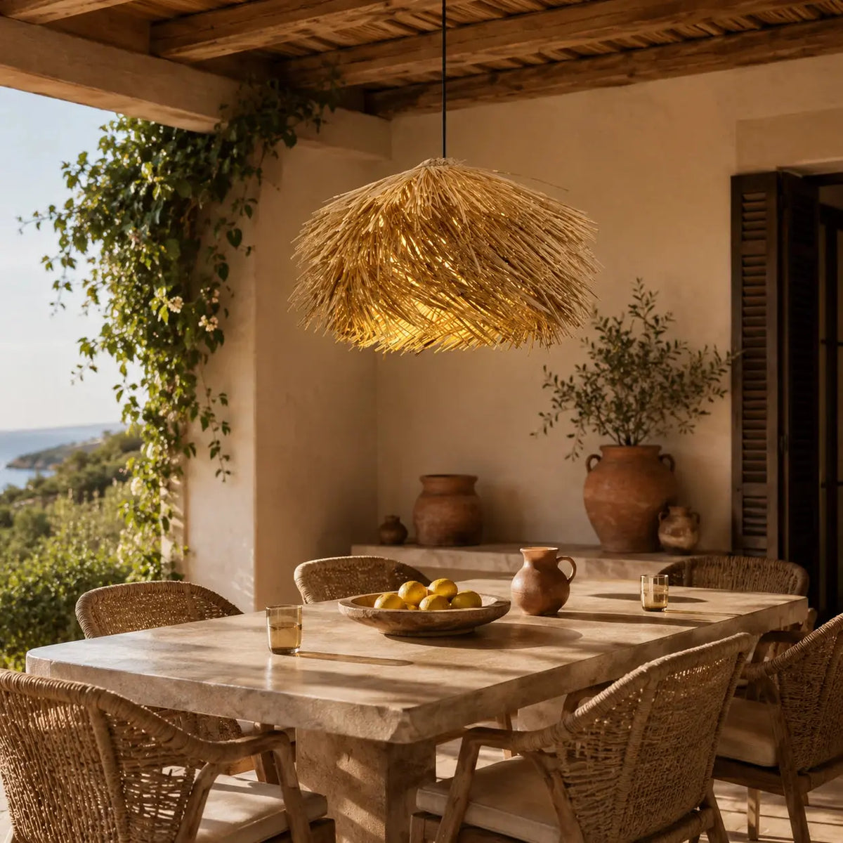 Abat-jour en rotin naturel suspendu sous une terrasse méditerranéenne au-dessus d'une table en pierre avec vue sur mer