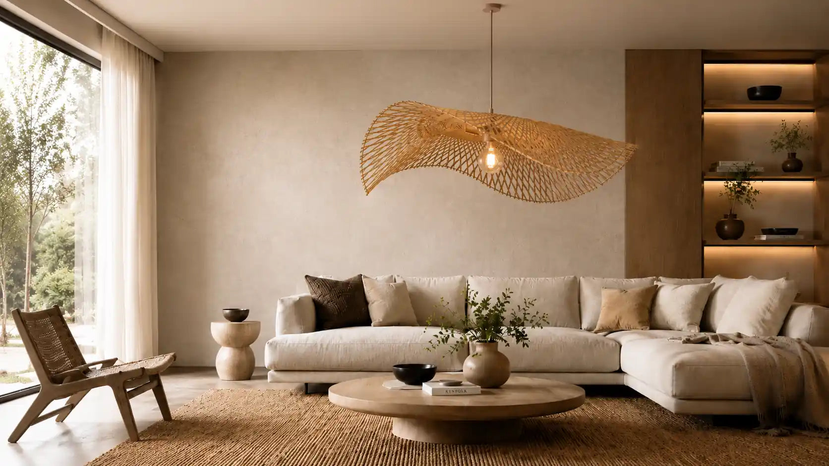 Salon bohème naturel avec abat-jour en suspension en rotin tressé, canapé beige, table basse en bois et décoration chaleureuse