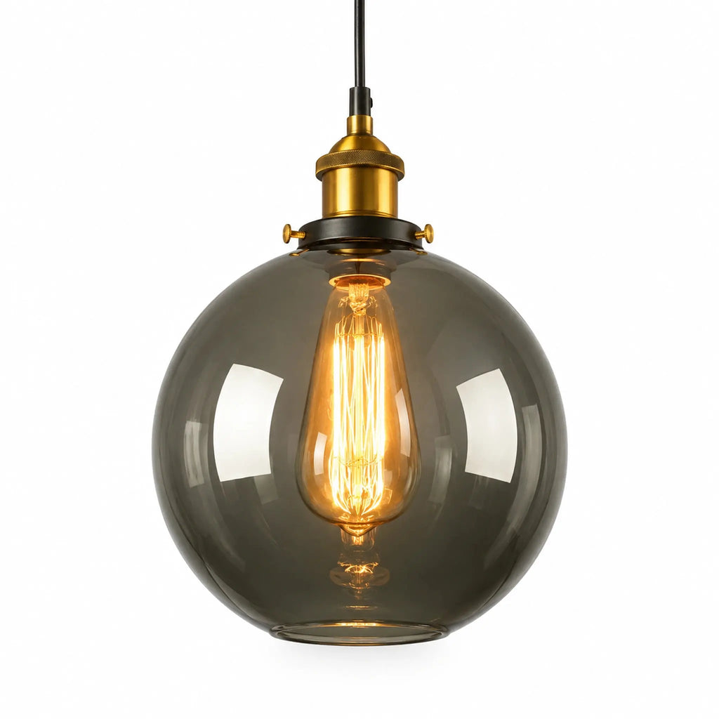 Abat-jour boule en verre fumé pour suspension avec ampoule Edison filament et douille laiton