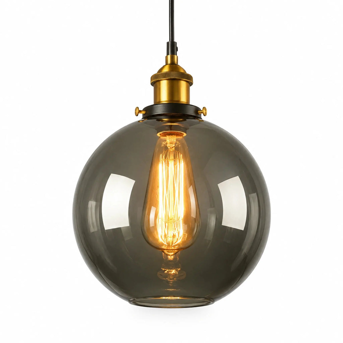 Abat-jour boule en verre fumé pour suspension avec ampoule Edison filament et douille laiton