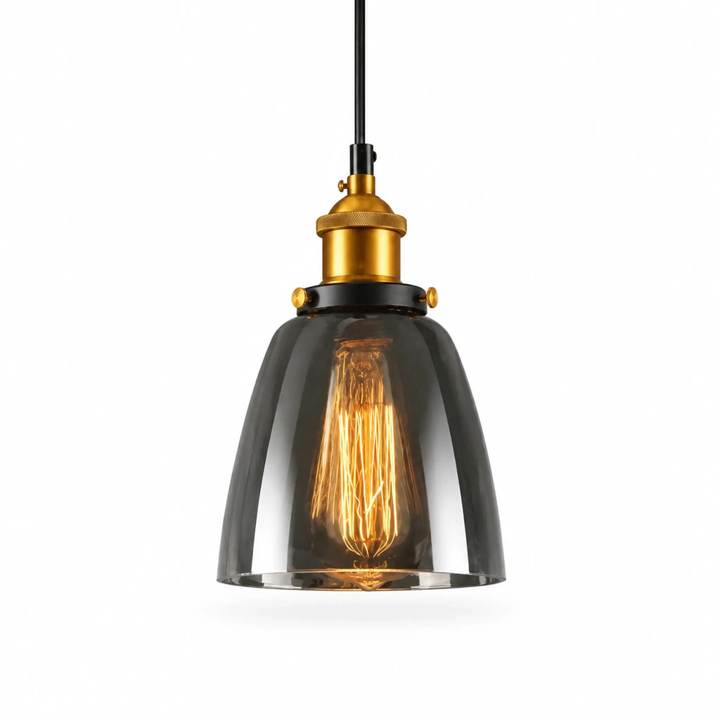 Abat-jour cloche en verre fumé pour suspension, style industriel vintage avec monture laiton
