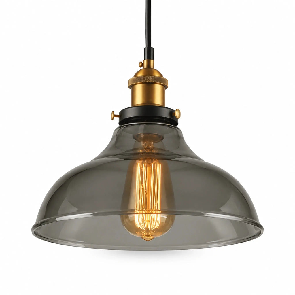 Suspension en verre fumé style industriel avec abat-jour plat et douille en laiton doré