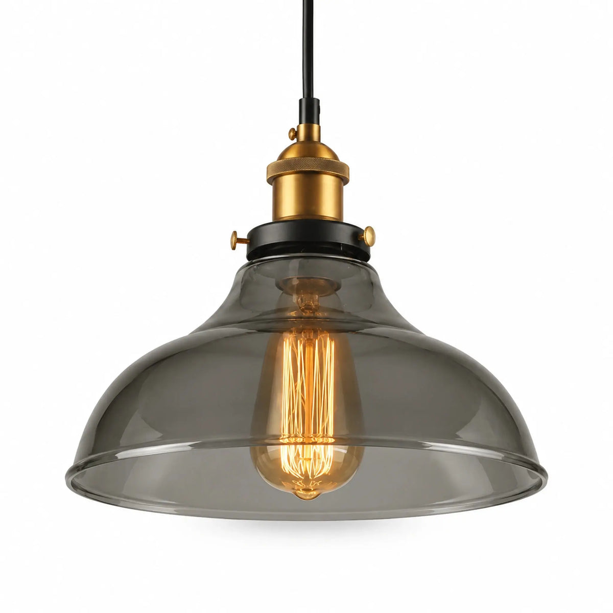 Suspension en verre fumé style industriel avec abat-jour plat et douille en laiton doré