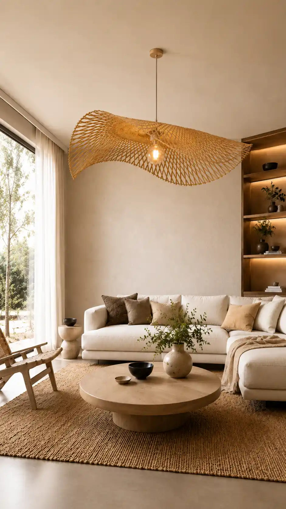 Salon bohème naturel avec abat-jour suspension en rotin tressé, canapé beige, table basse en bois et décoration chaleureuse
