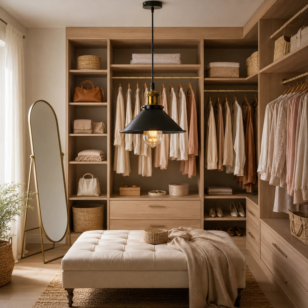 Suspension en métal noir avec ampoule Edison dans un dressing ouvert en bois clair