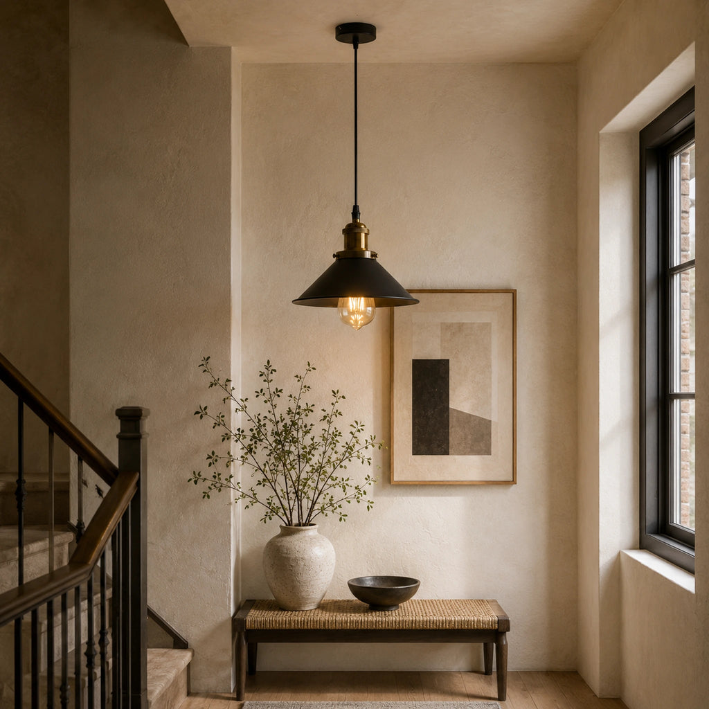 Suspension en métal noir au-dessus d'un palier avec escalier et murs en enduit naturel beige