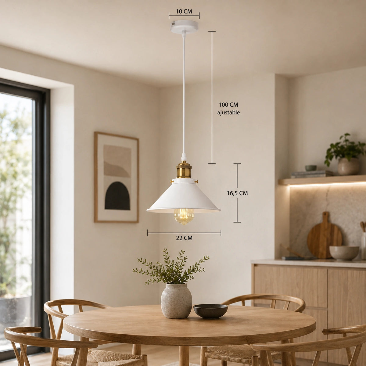 Suspension abat-jour métal blanc avec dimensions 22 cm et câble ajustable 100 cm