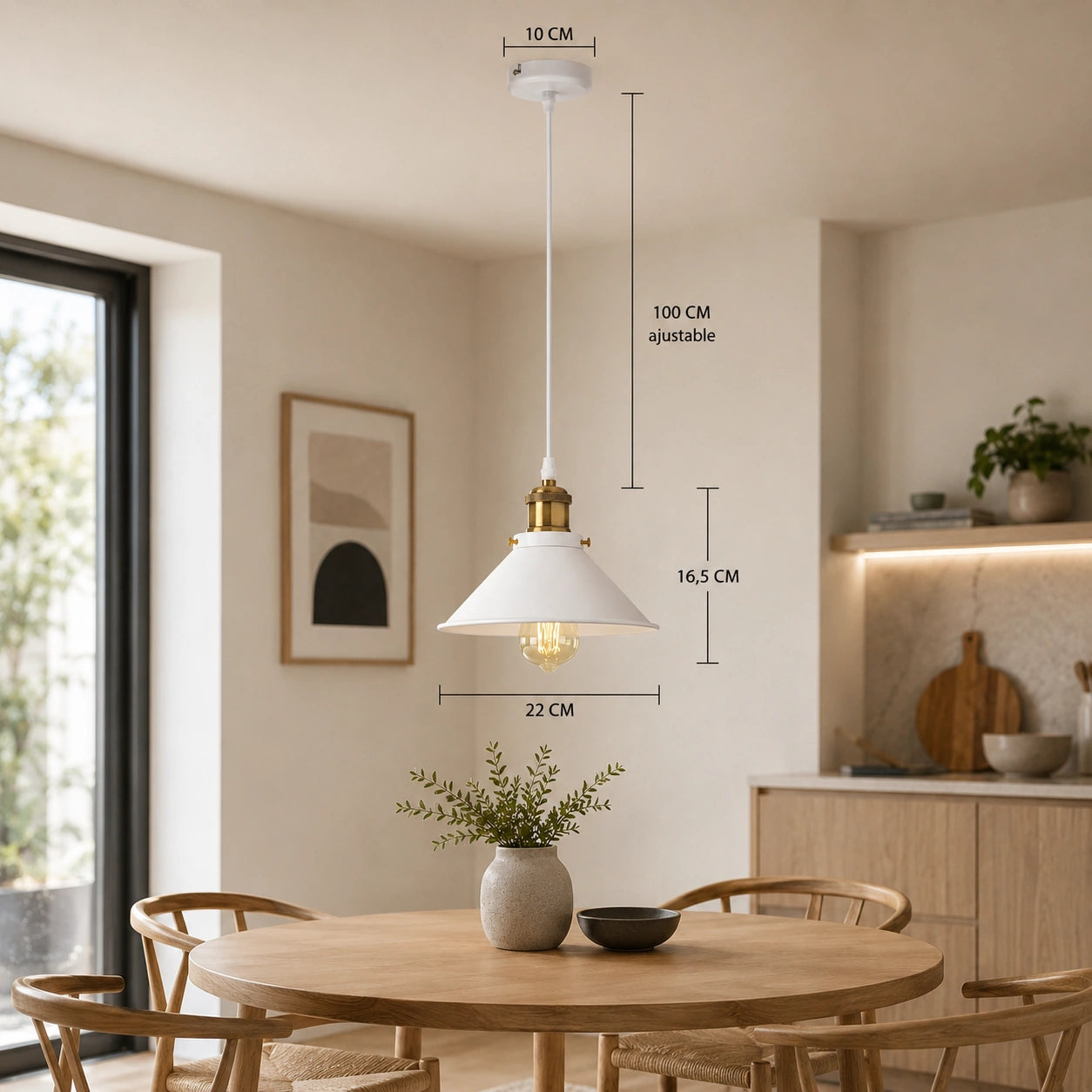 Suspension abat-jour métal blanc avec dimensions 22 cm et câble ajustable 100 cm Image