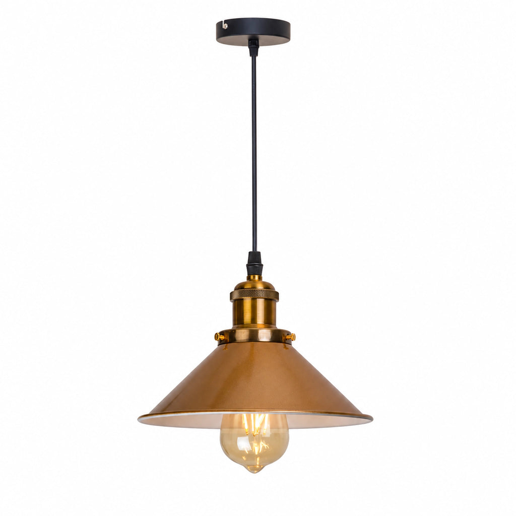 Suspension abat-jour métal couleur marron avec douille dorée et ampoule vintage
