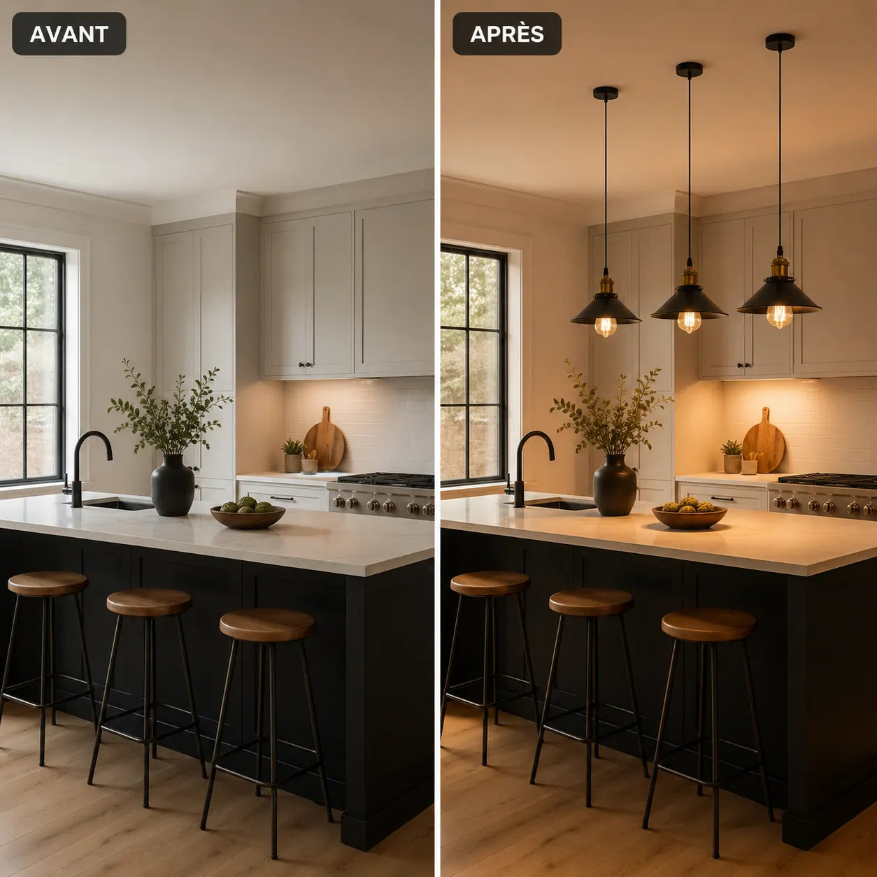 Avant après d’une cuisine moderne avec trois suspensions en métal noir au-dessus d’un îlot central, créant une ambiance chaleureuse et lumineuse. Image