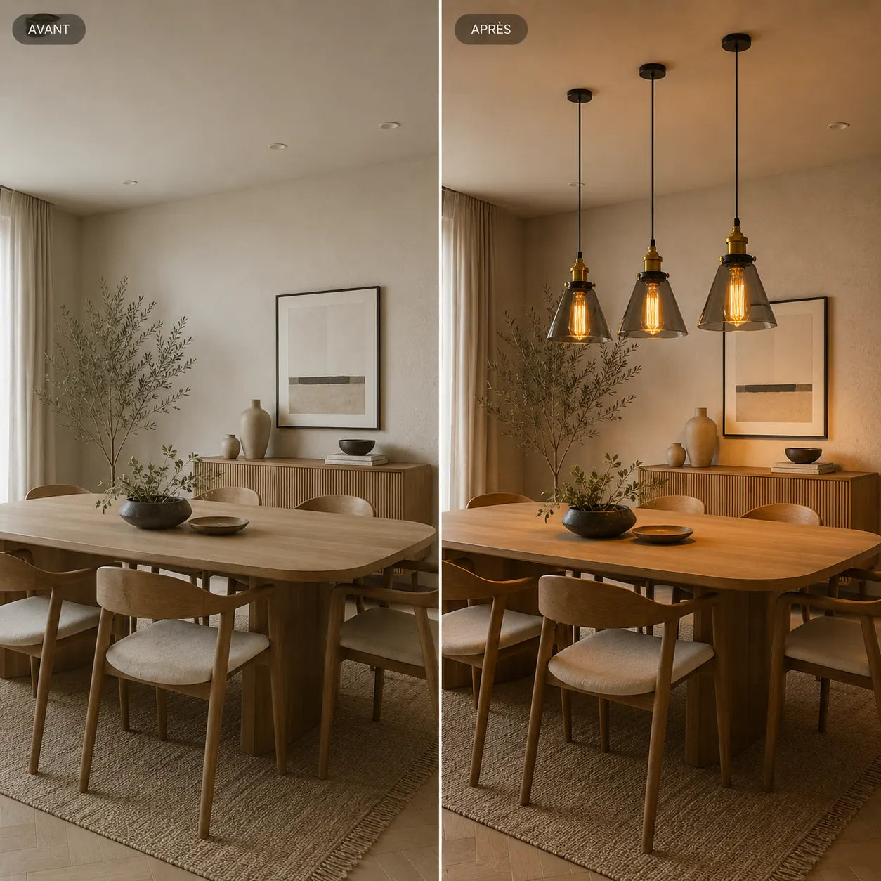 Avant après d’une salle à manger contemporaine avec trois suspensions en verre fumé allumées au-dessus d’une table en bois, créant une ambiance chaleureuse et élégante. Image