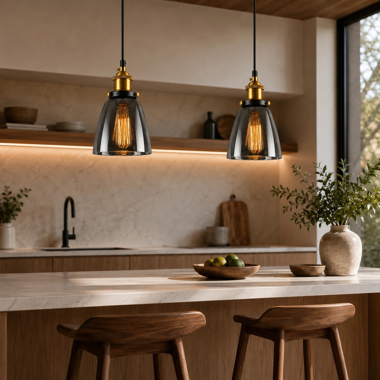 Deux abat-jour en verre fumé forme cloche suspendus au-dessus d'un îlot de cuisine en marbre blanc, douilles laiton doré, ambiance chaleureuse Image