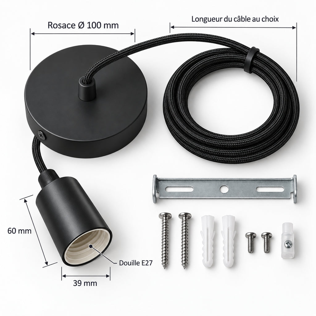 Kit Suspension plafonnier avec rosace et câble réglable - douille E27