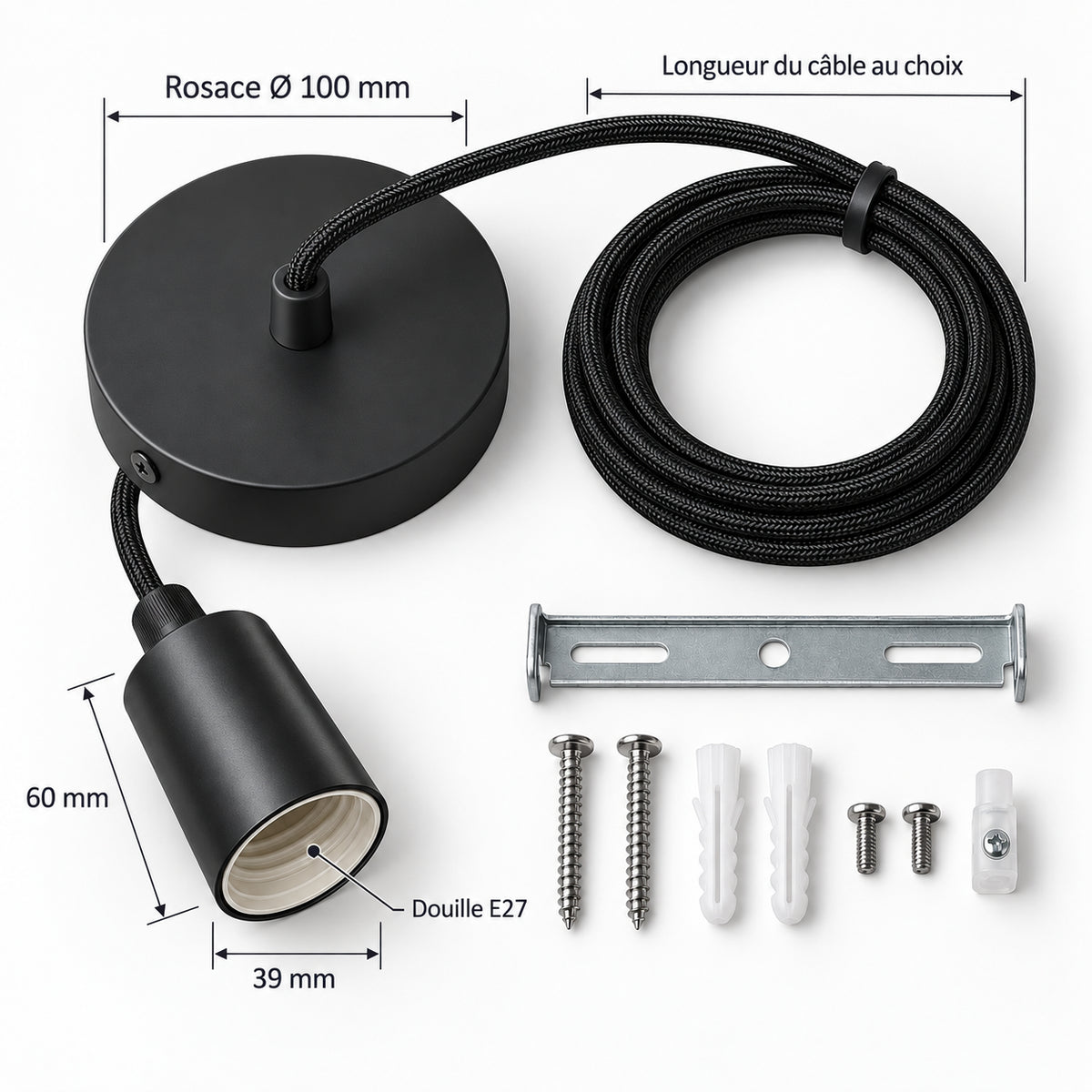 Kit Suspension plafonnier avec rosace et câble réglable - douille E27