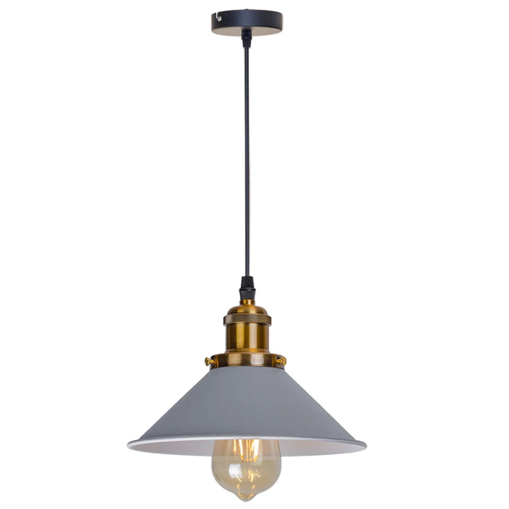 Suspension abat-jour en métal grise avec douille en laiton doré et ampoule Edison, style rétro industriel