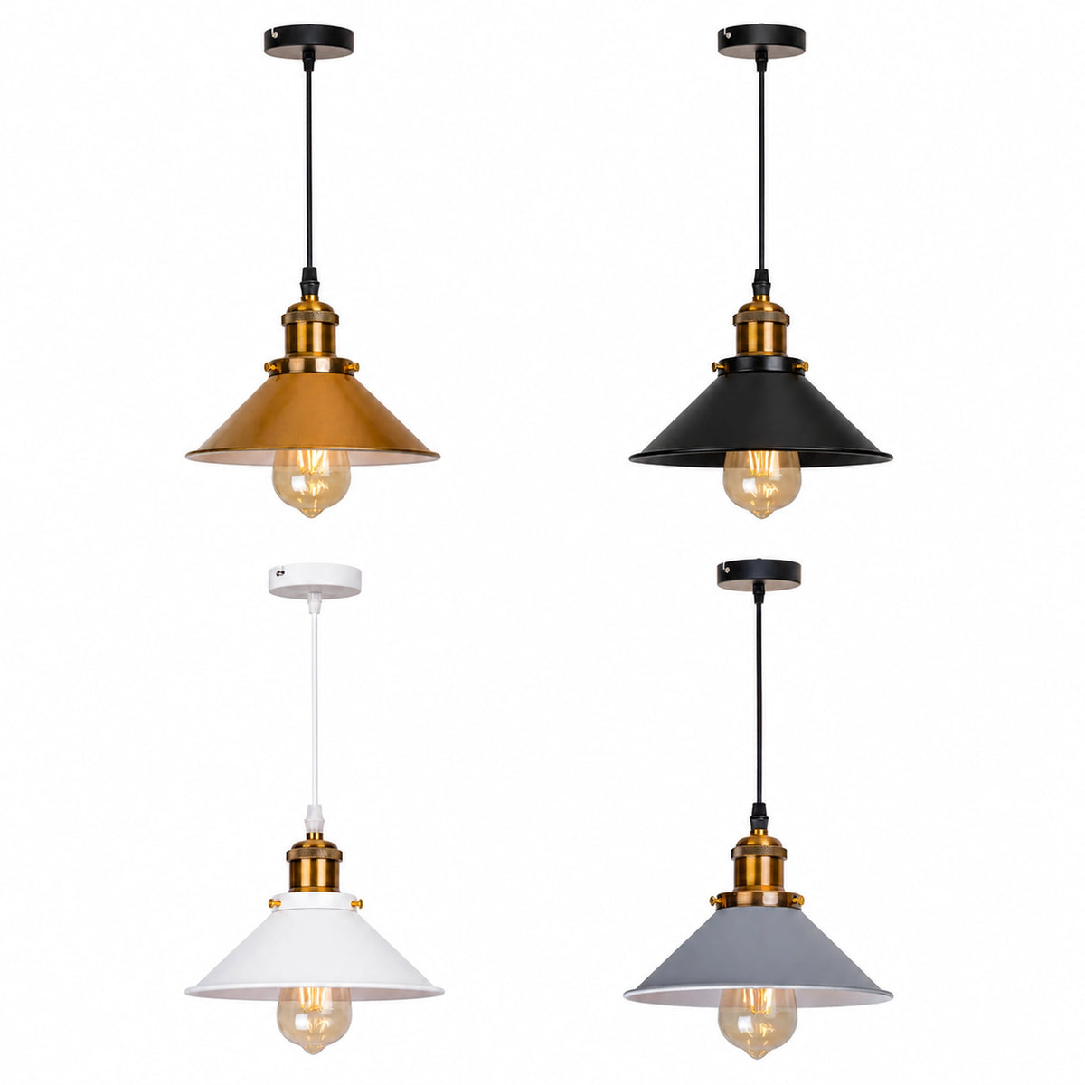 Suspension en métal style industriel disponible en 4 coloris : cuivre, noir, blanc et gris, avec douille laiton et ampoule Edison