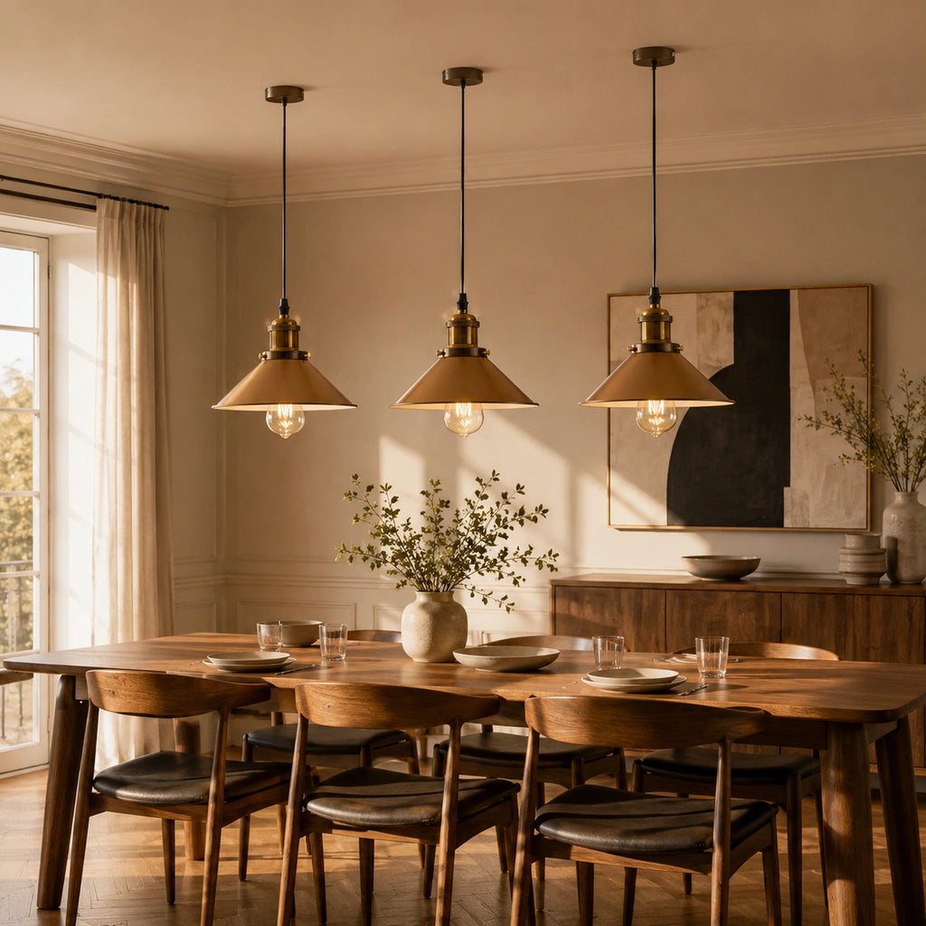 Trois abat jour suspensions en métal marron style industriel au-dessus d'une grande table en bois dans une salle à manger lumineuse