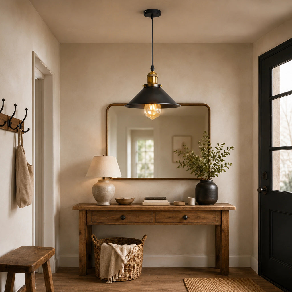 Suspension en métal noir vintage avec douille laiton dans une entrée de maison au-dessus d'une console en bois