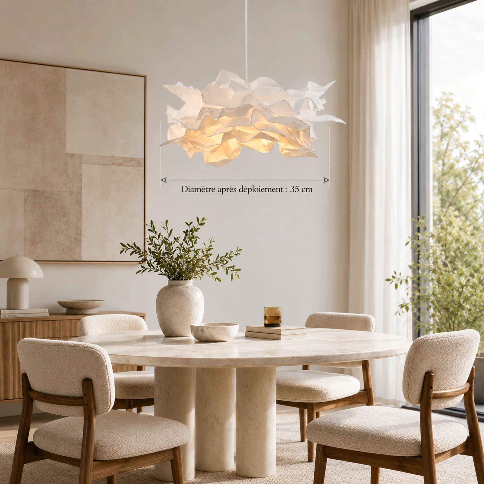 Suspension en papier blanc déployée de 35 cm, éclairée dans une salle à manger moderne et lumineuse. Image
