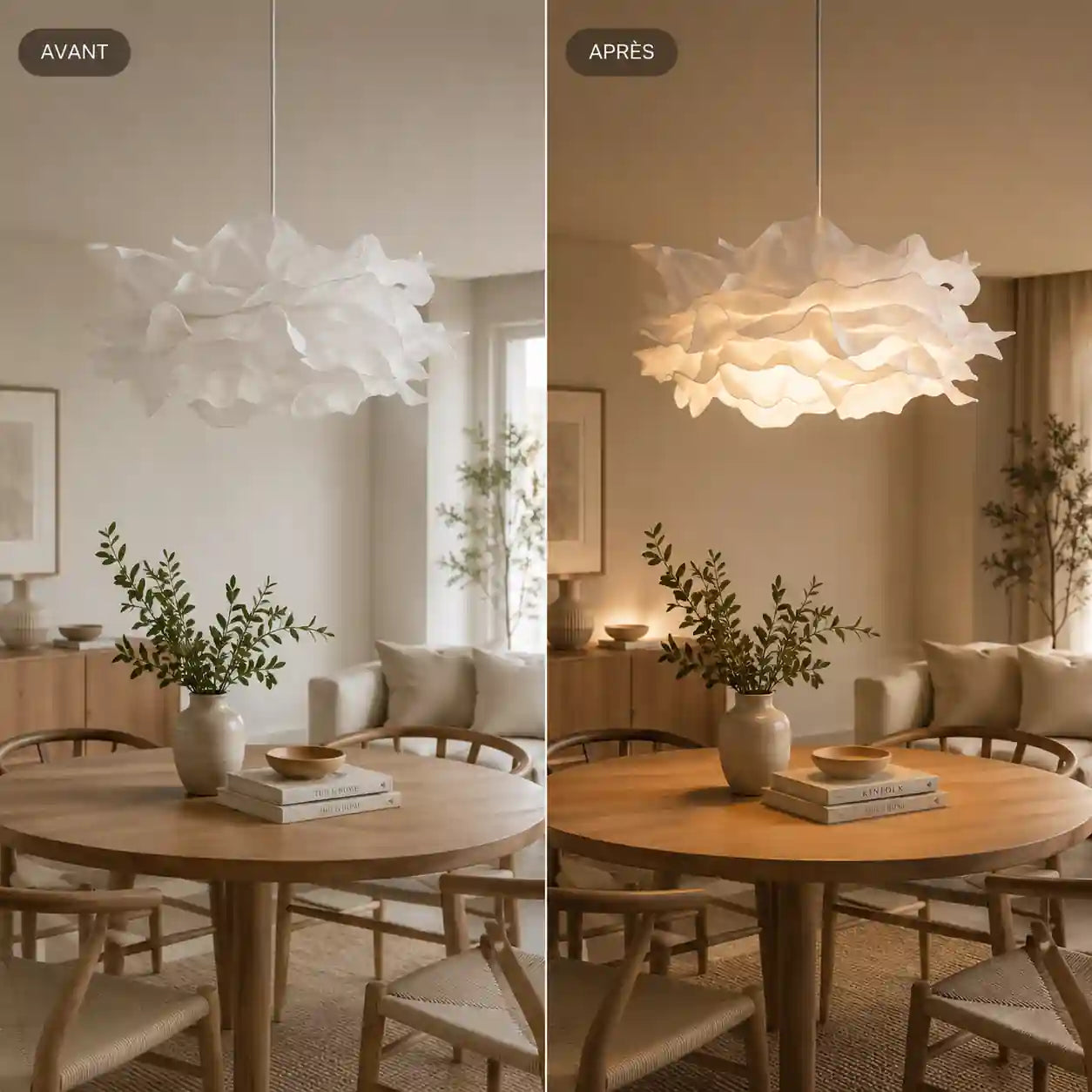 Comparatif avant après d’une salle à manger beige avec suspension en papier froissé blanc diffusant une lumière chaude au-dessus d’une table ronde en bois. Image
