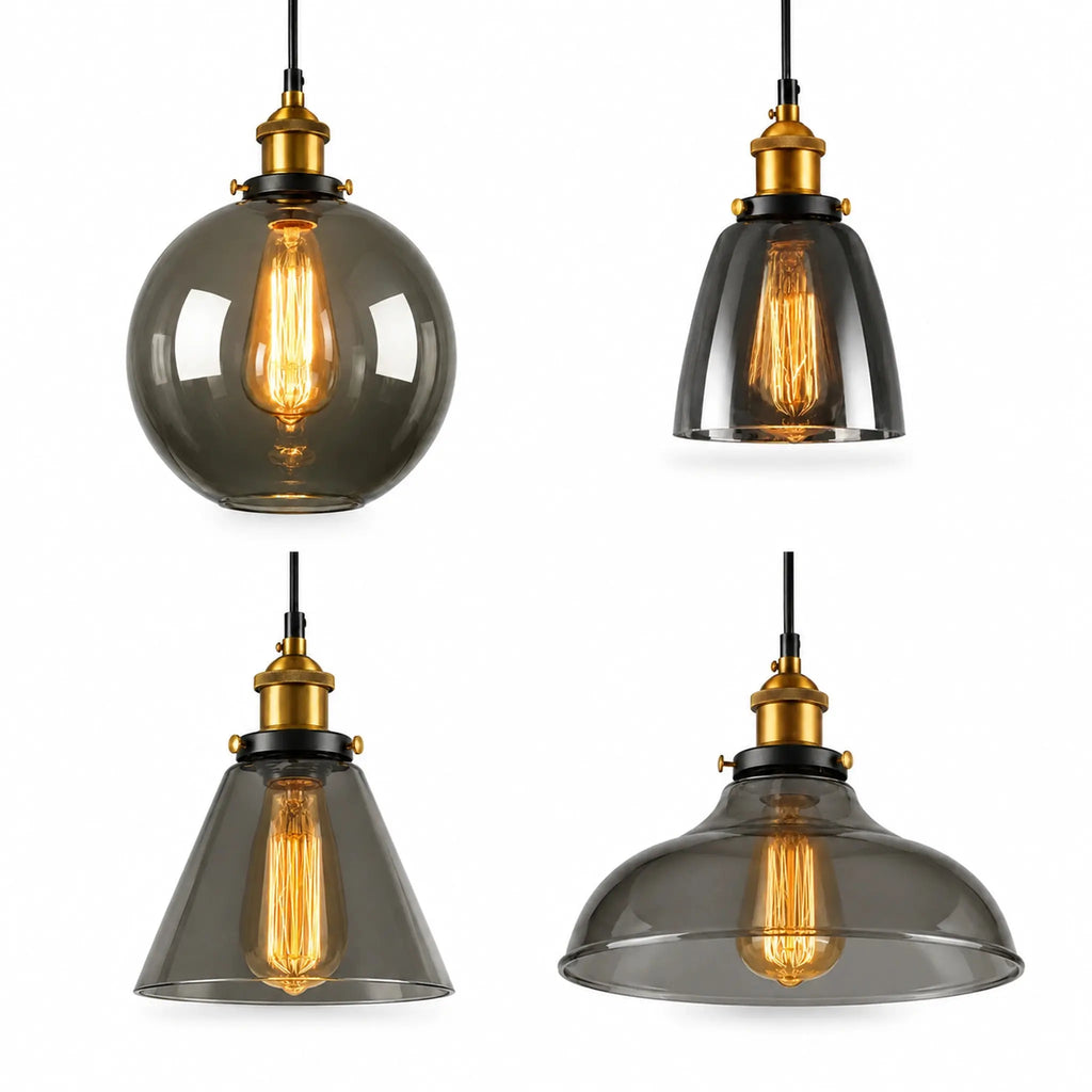 Collection de 4 suspensions en verre fumé style industriel — globe, cloche, conique et plat — avec montures laiton
