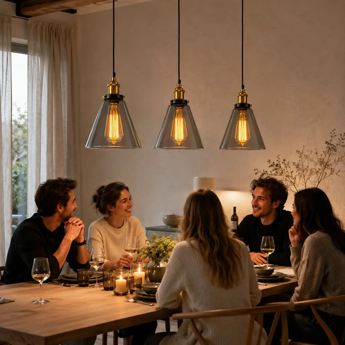 Trio de suspensions coniques en verre fumé au-dessus d'une table à manger en bois lors d'un dîner entre amis, ambiance chaleureuse